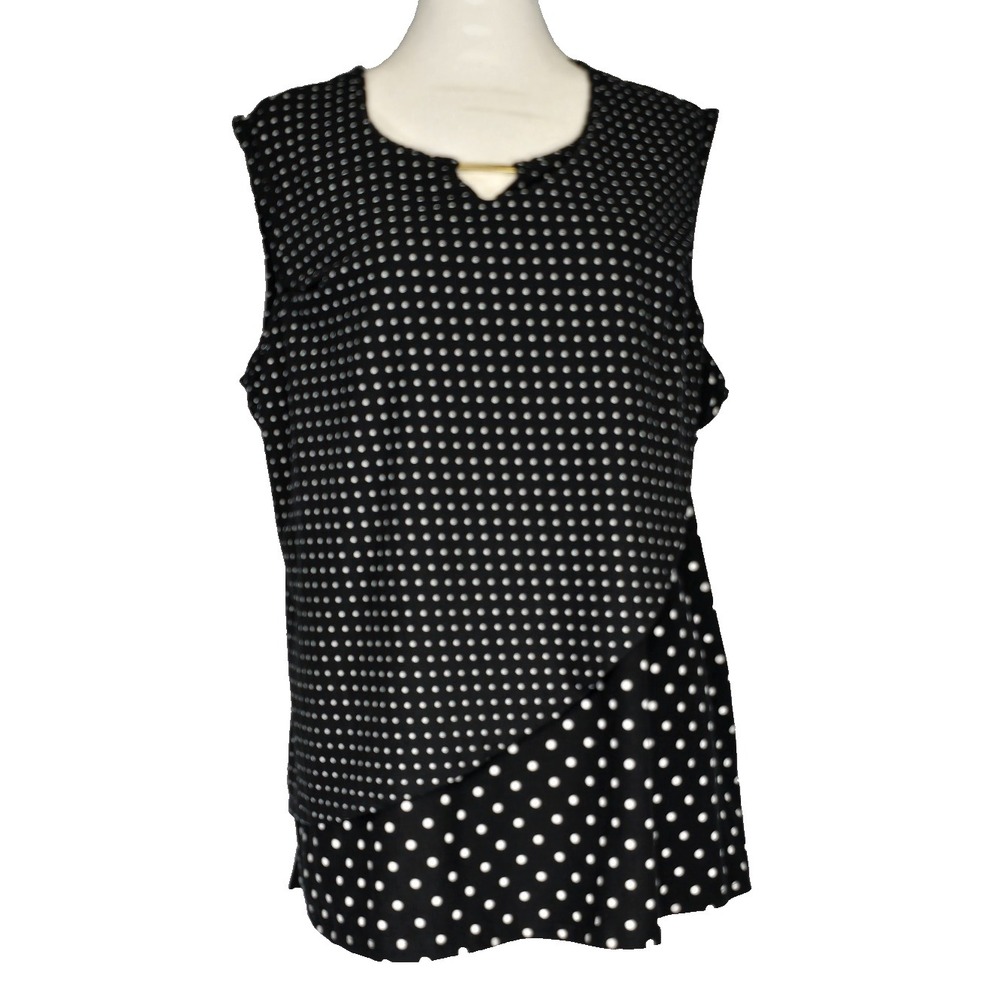 Robert Louis Womens Size XL Sleeveless Top Overlay Metal Black/White Polka Dots